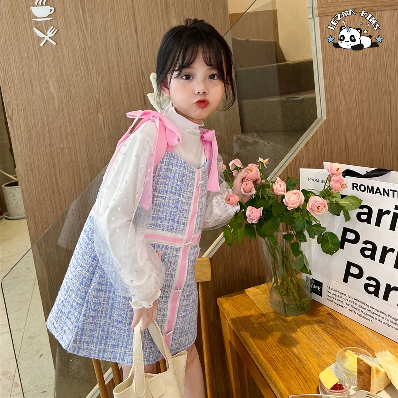 LEZONKIDS - Customized Autumn Girls Dress Little Fragrance Sundress Sweet Mesh Bow Princess 2-Pieces Set